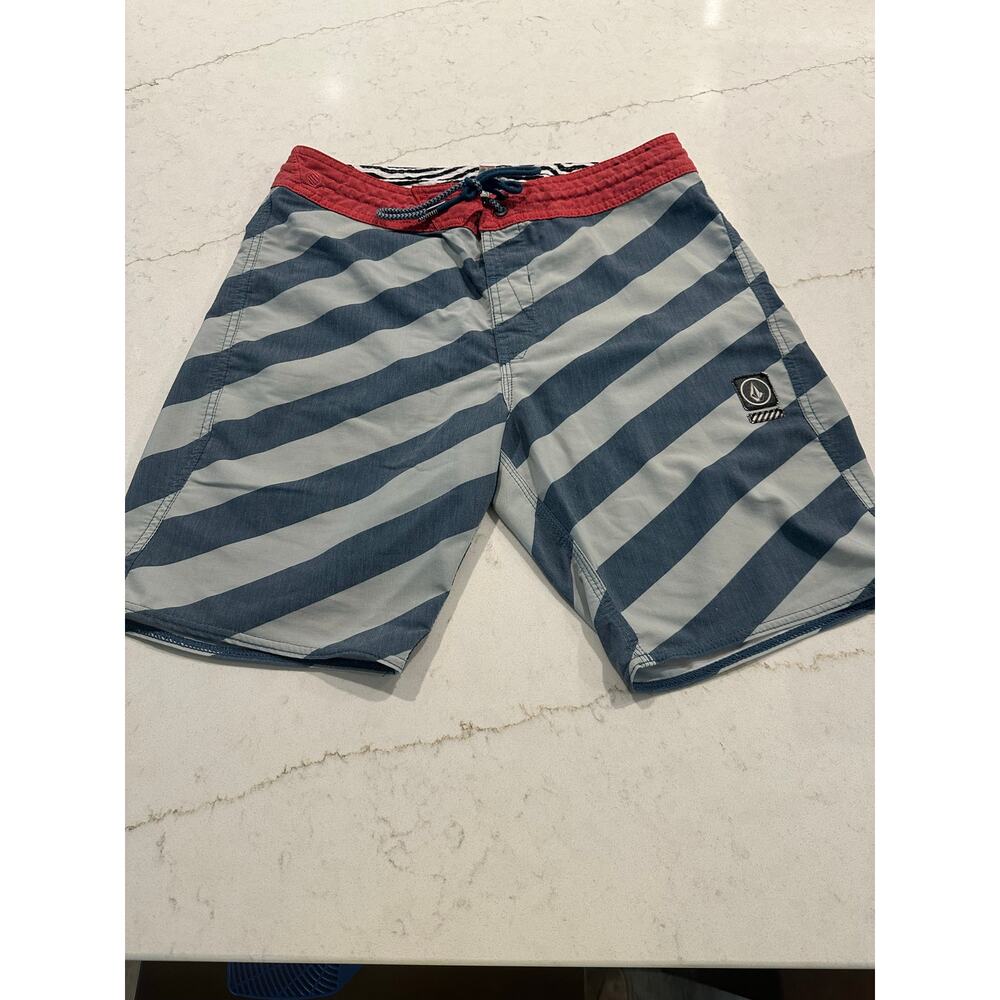 Volcom Board Shorts Men’s Size 30 Blue Gray Striped Swim Surf Trunks Beach Pool